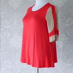 Coral top with taupe accent sleeves